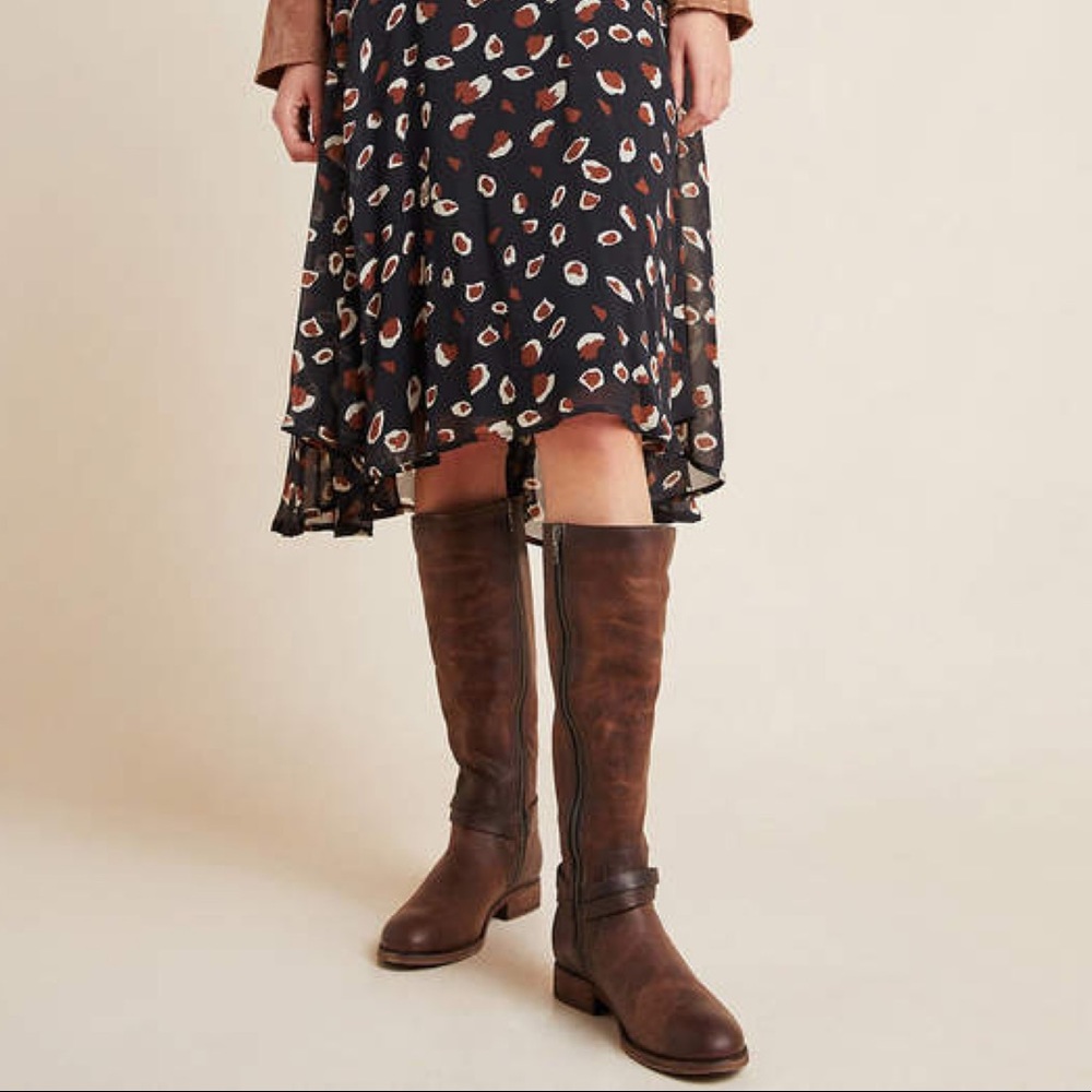 $398 Frye Melissa Belted Burgundy Brown Fall Knee High Tall Leather Riding Boots - Picture 5 of 16